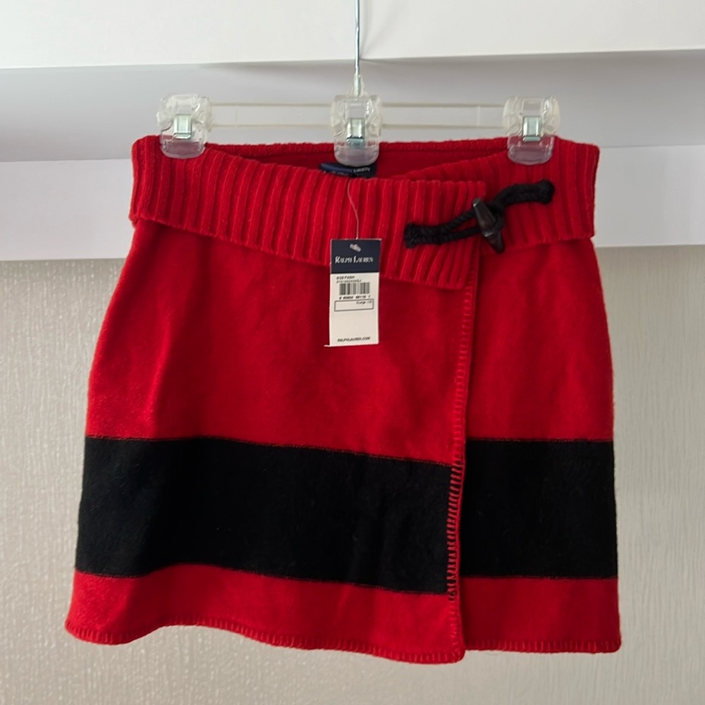 Ralph Lauren Girls Red and Black Stripe Wool Wrap Skirt